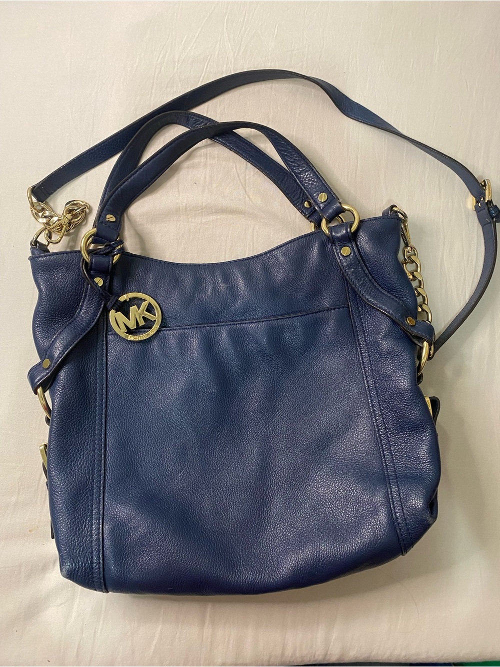 Michael Kors Tristan Large Pebbled Leather Shoulder Bag – Navy Blue